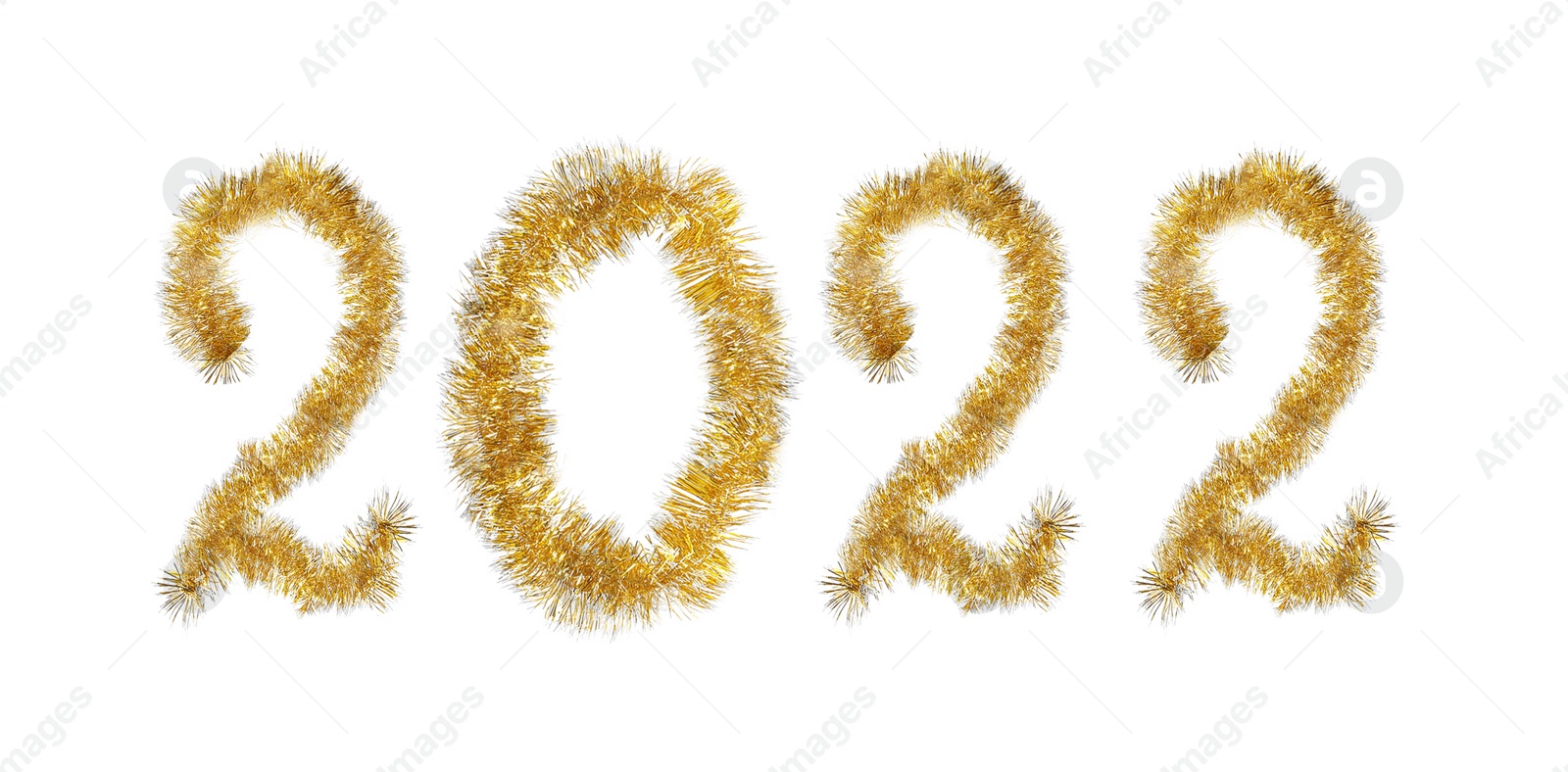 Image of Number 2022 made of shiny golden tinsels on white background, banner design