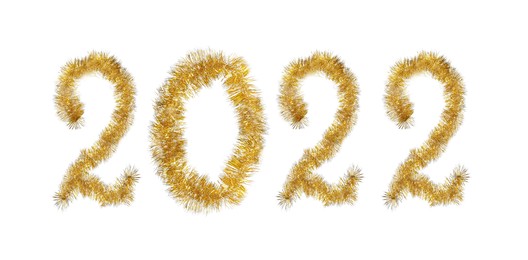 Image of Number 2022 made of shiny golden tinsels on white background, banner design