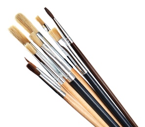 Photo of Set of different paint brushes on white background