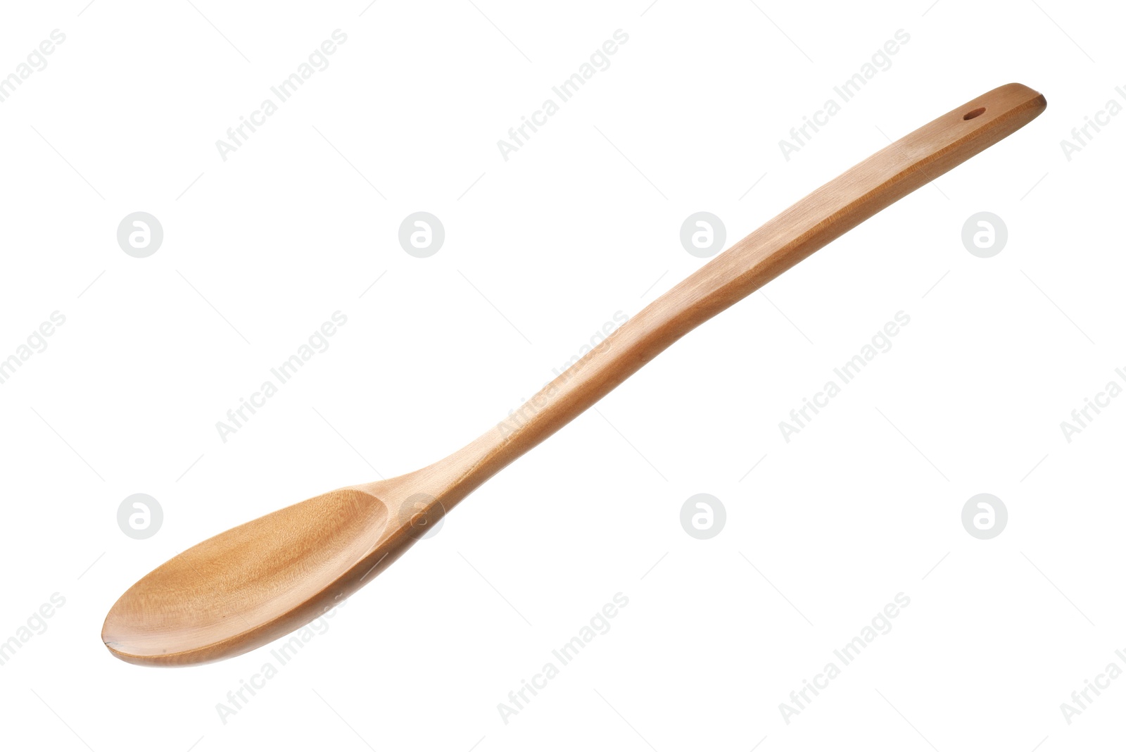 Photo of One empty wooden spoon isolated on white