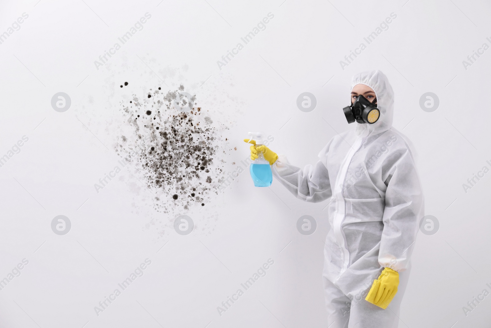 Image of Woman in protective suit and rubber gloves using mold remover on wall