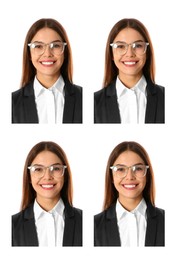 Image of Passport photo, collage. Woman on white background, set of photos