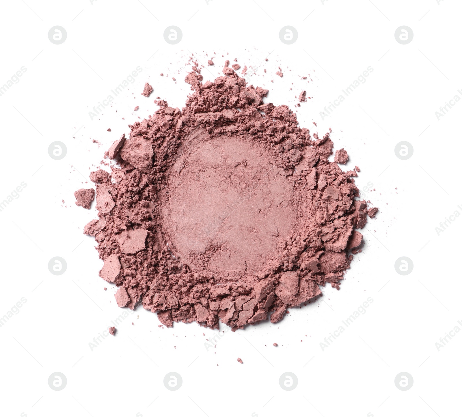 Photo of Crushed eye shadow on white background, top view. Professional makeup product