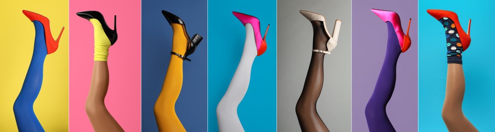 Image of Collage with photos of women showing fashionable collections of stylish shoes, tights and socks on different color backgrounds, closeup view of legs. Banner design