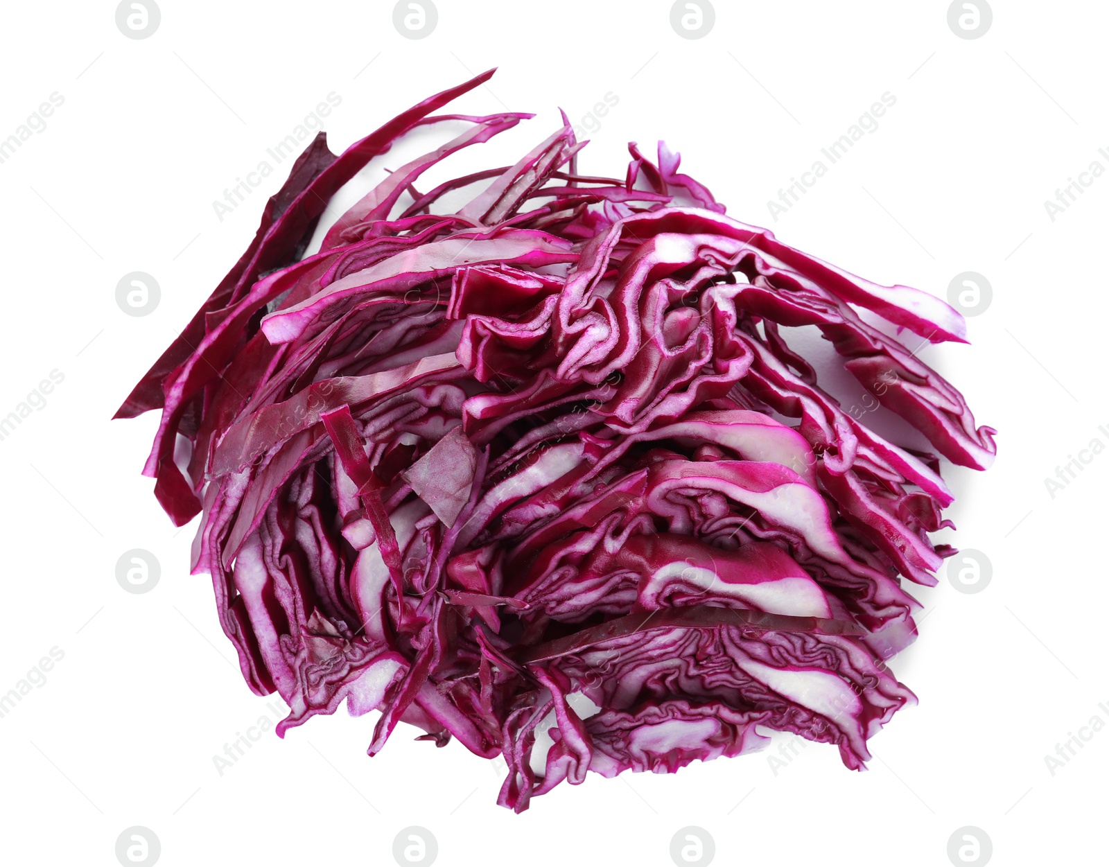 Photo of Chopped fresh red cabbage isolated on white, above view