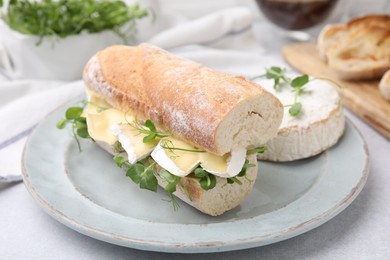 Photo of Tasty sandwich with brie cheese on light grey table, closeup