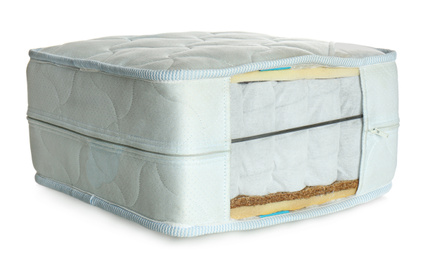 Photo of Sample of modern orthopedic mattress isolated on white