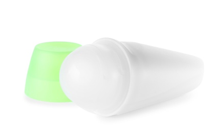 Photo of Open plastic deodorant container on white background