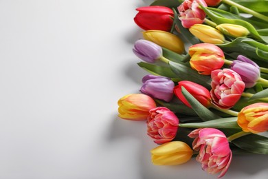 Beautiful tulips on light grey background, top view. Space for text