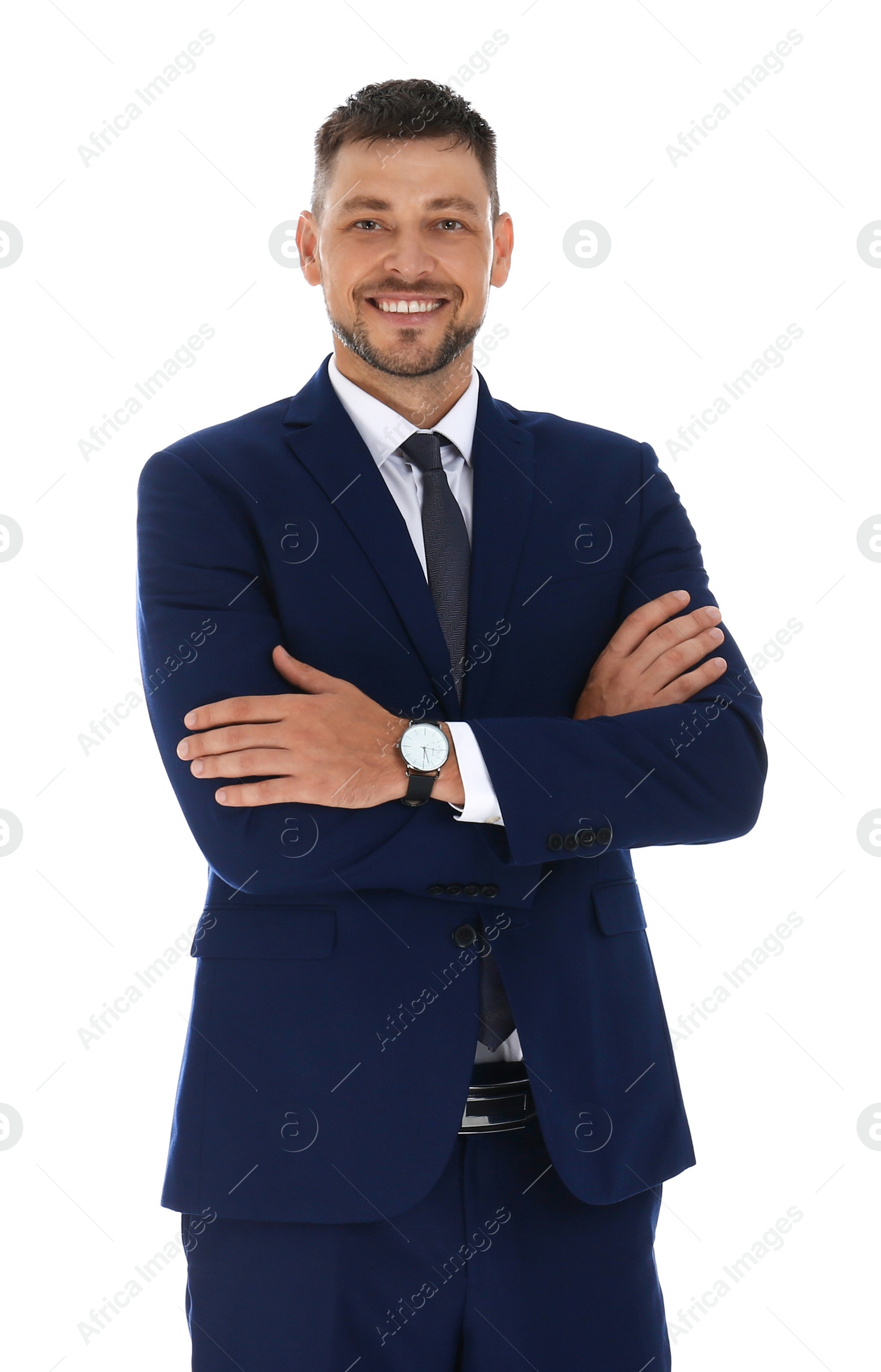 Photo of Professional business trainer posing on white background