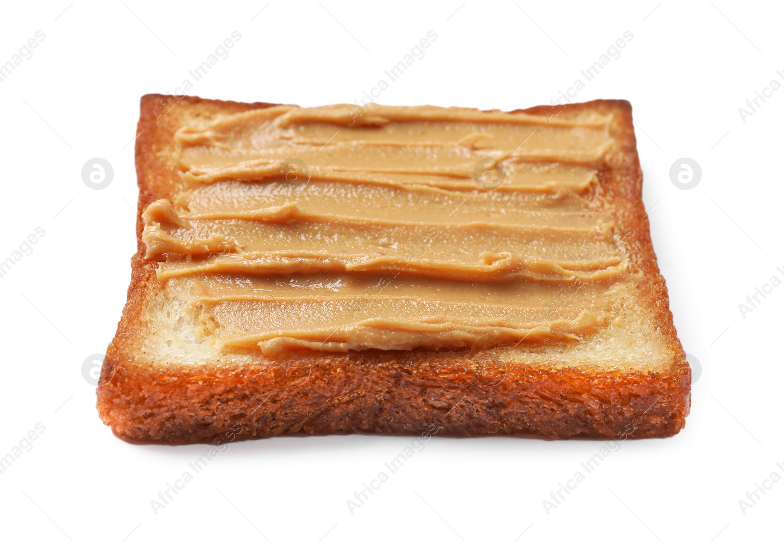 Photo of Piece of toasted bread with peanut butter isolated on white