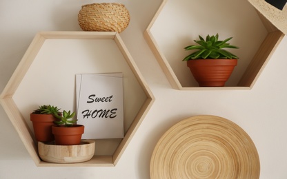 Photo of Hexagon wooden shelves with beautiful plants and decorative elements on light wall