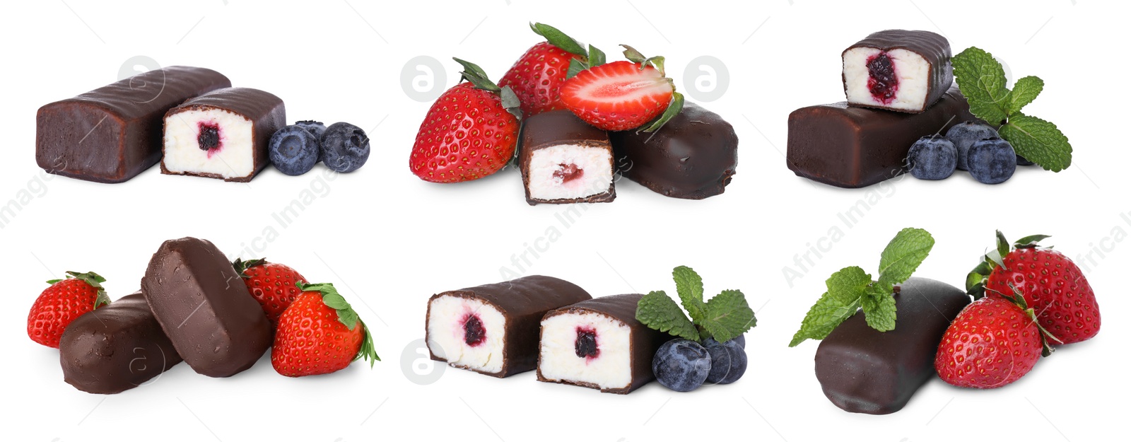 Image of Collage of glazed curd cheese bars with strawberry and blueberry fillings on white background