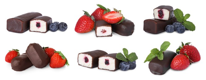 Image of Collage of glazed curd cheese bars with strawberry and blueberry fillings on white background