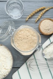 Leaven, flour, water, whisk and ears of wheat on grey wooden table, flat lay
