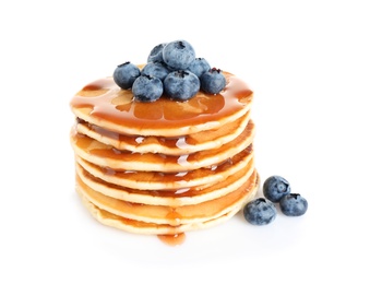 Photo of Stack of delicious pancakes with fresh blueberries and syrup on white background