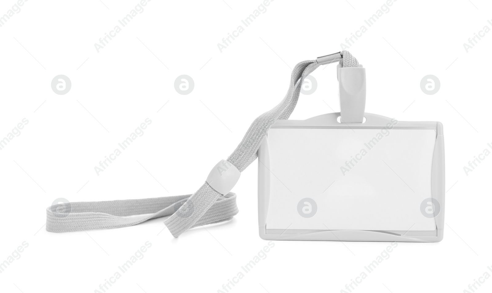 Photo of Blank badge with grey string isolated on white