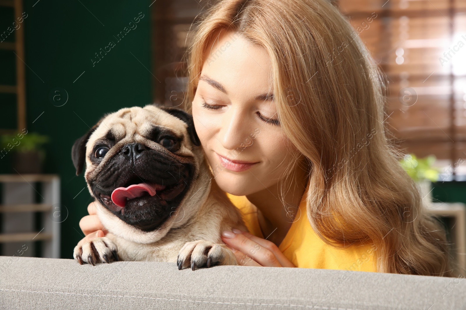 Photo of Woman with cute pug dog at home. Animal adoption