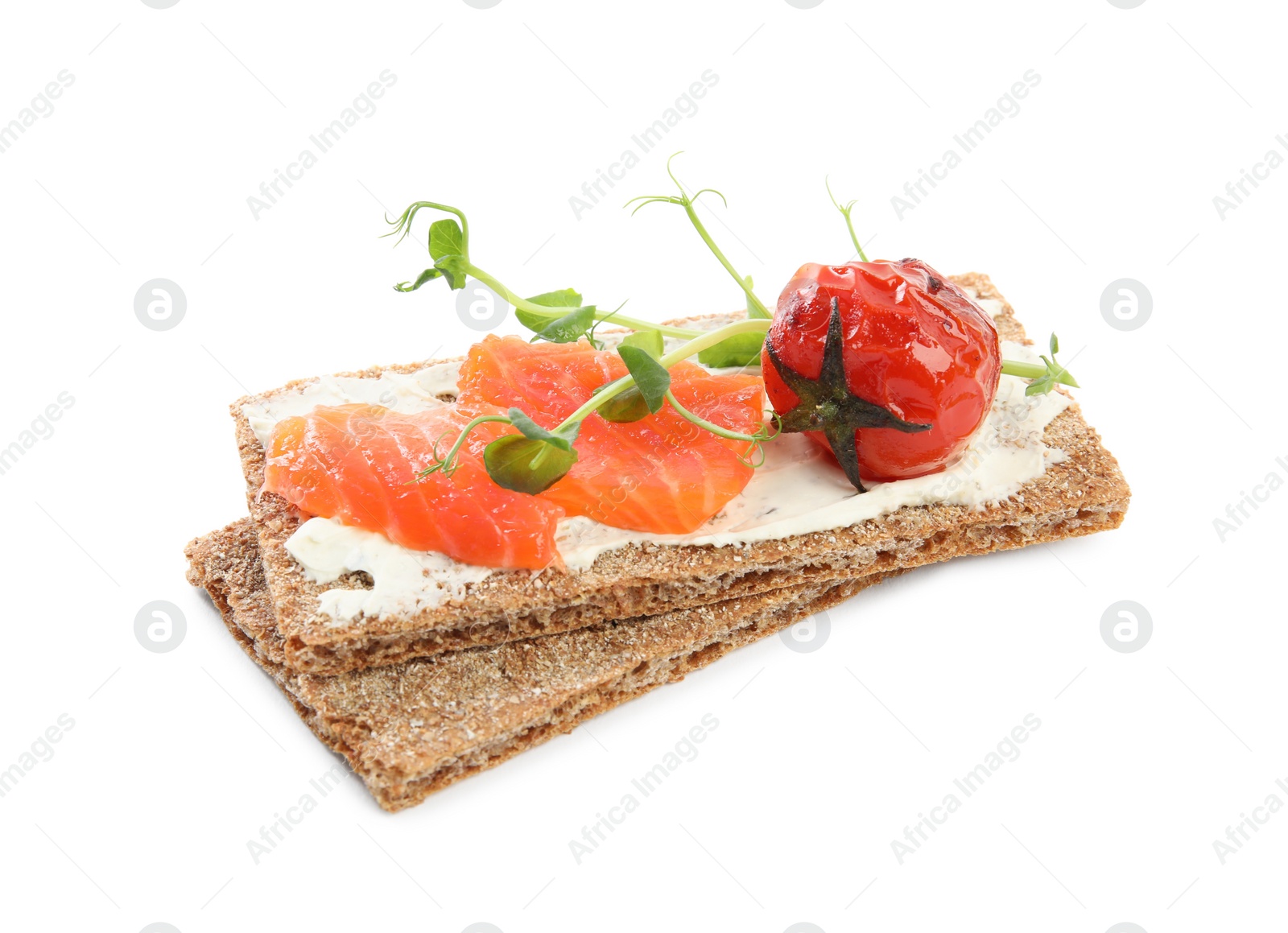 Photo of Fresh rye crispbreads with salmon, cream cheese and grilled tomato on white background