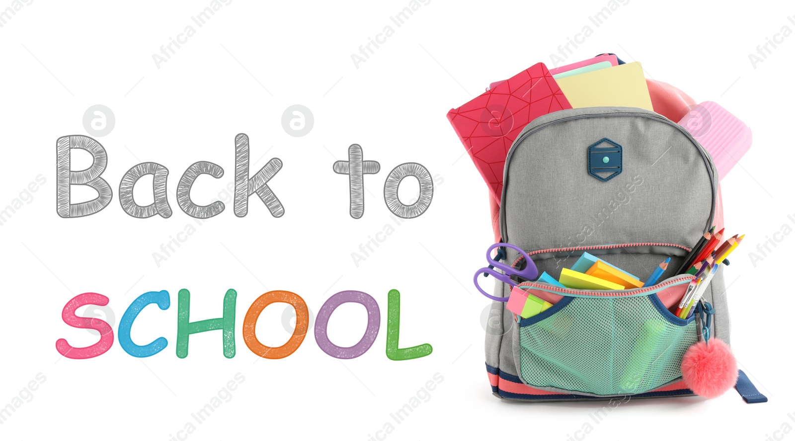 Image of Text Back To School and backpack with different stationery on white background