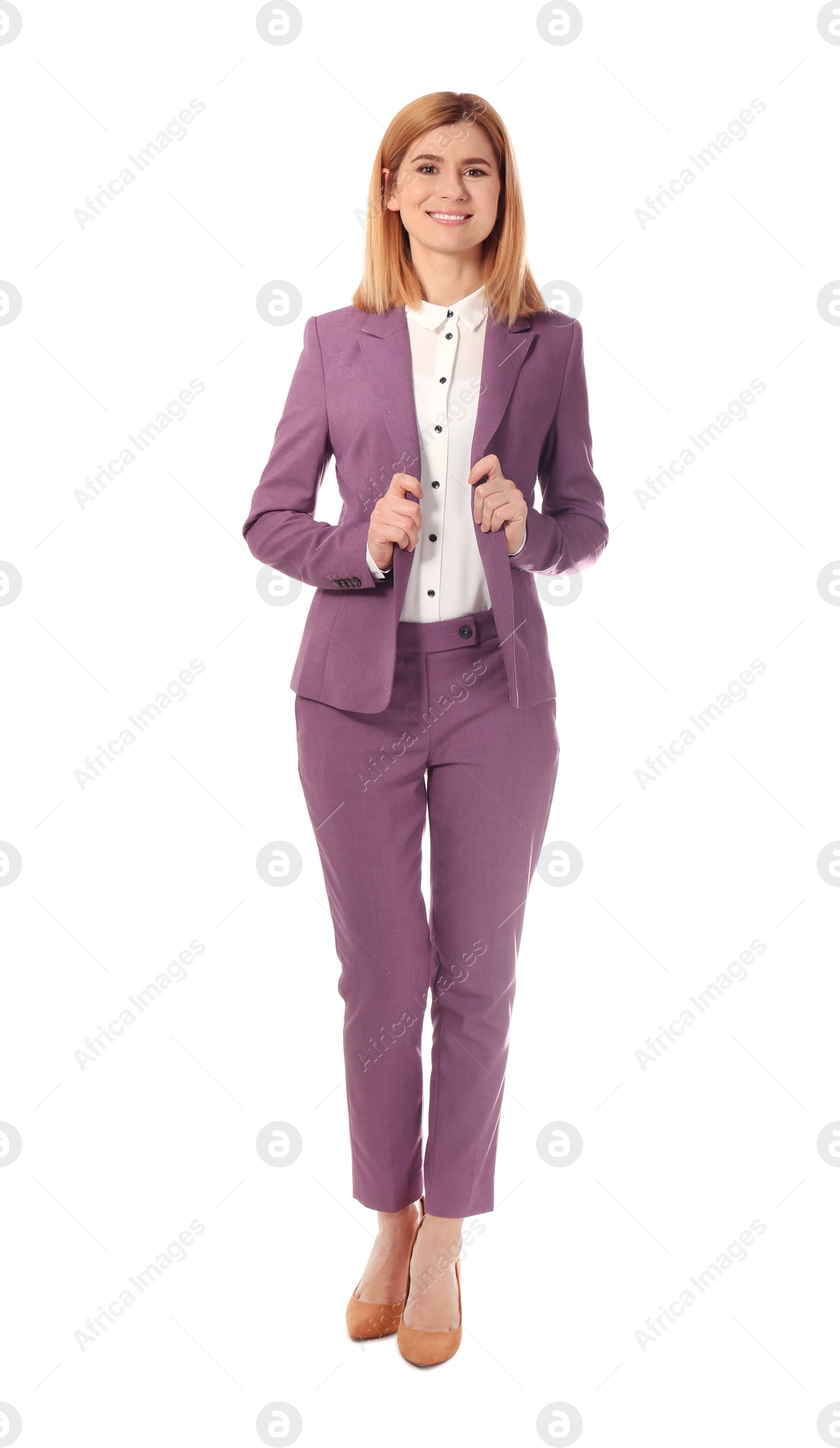 Photo of Full length portrait of businesswoman posing on white background