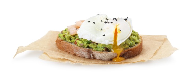 Delicious sandwich with guacamole, shrimps and fried egg isolated on white