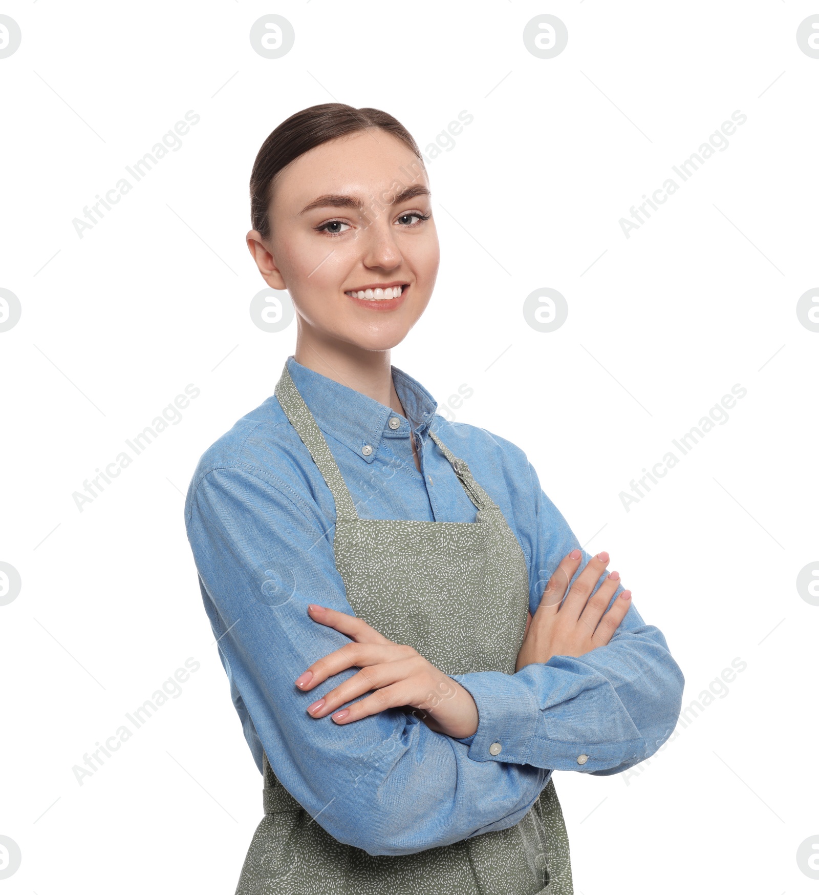 Photo of Beautiful young woman in clean apron on white background