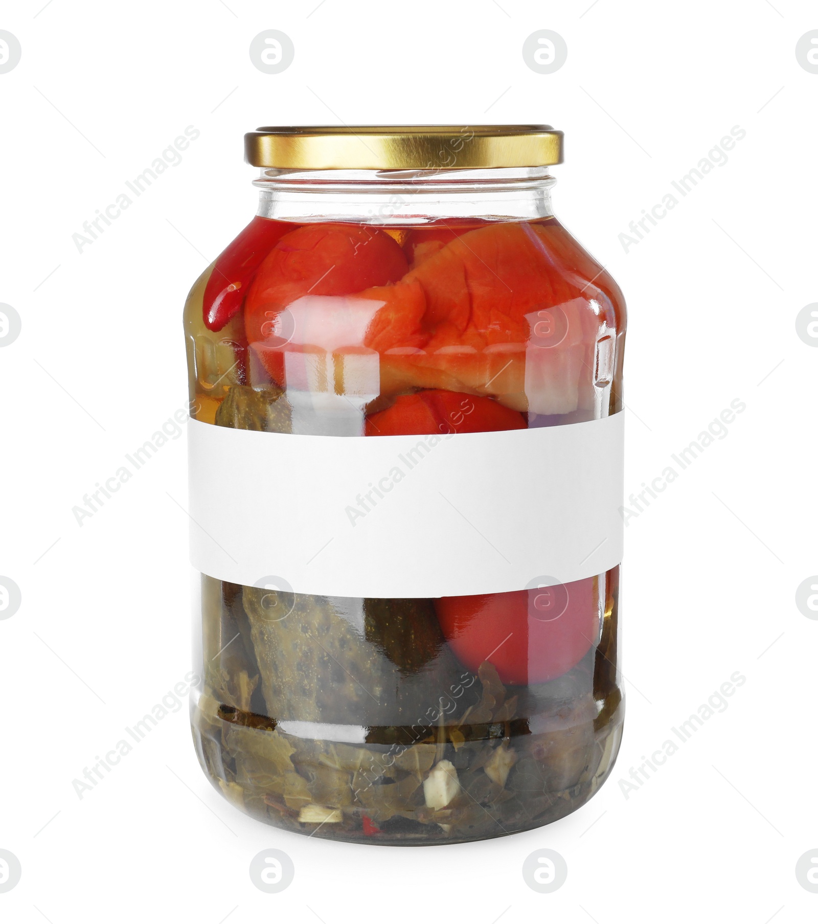 Photo of Jar of pickled vegetables with blank label on white background