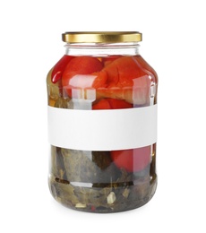 Photo of Jar of pickled vegetables with blank label on white background