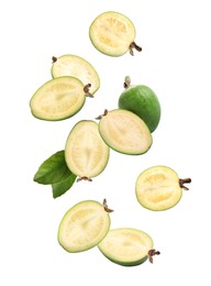 Image of Fresh feijoa fruits and leaves falling on white background