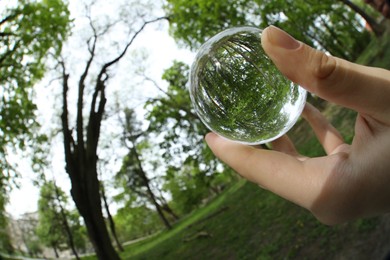 Beautiful green trees outdoors, overturned reflection. Man holding crystal ball in park, closeup. Wide-angle lens