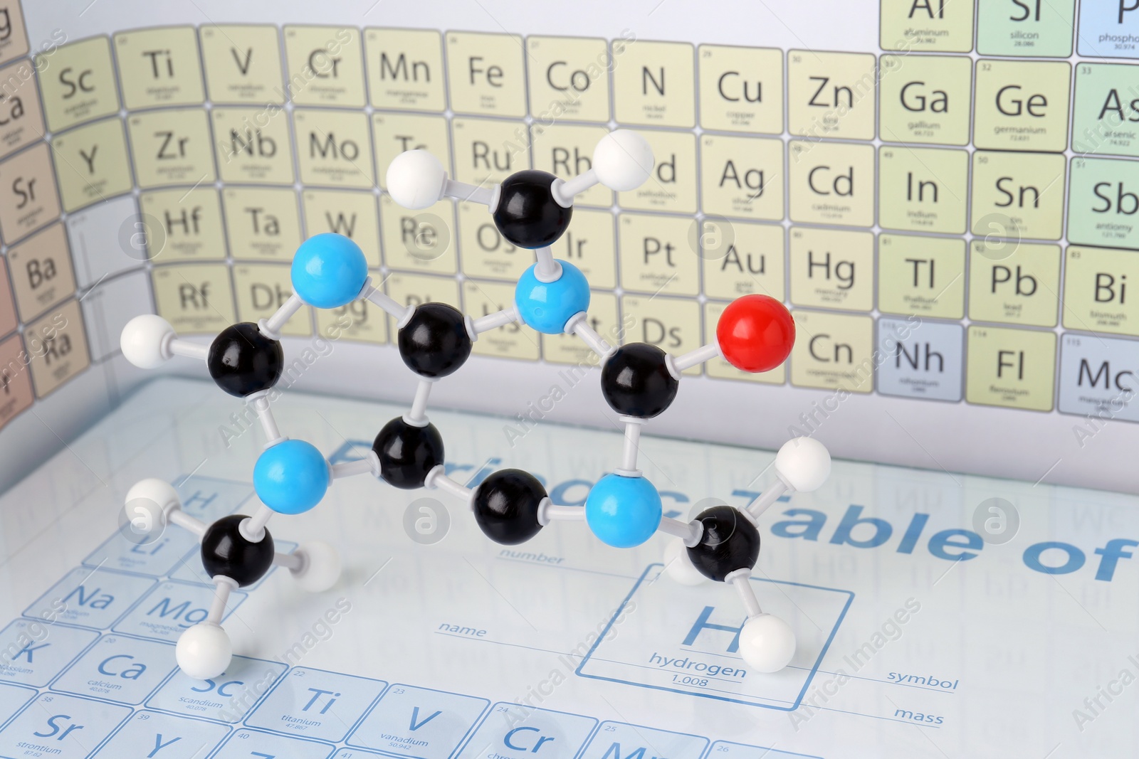 Photo of Molecular model on periodic table of chemical elements