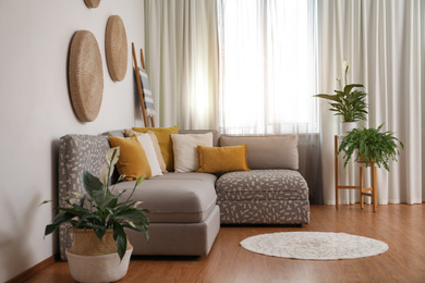 Photo of Window with stylish curtains in living room interior