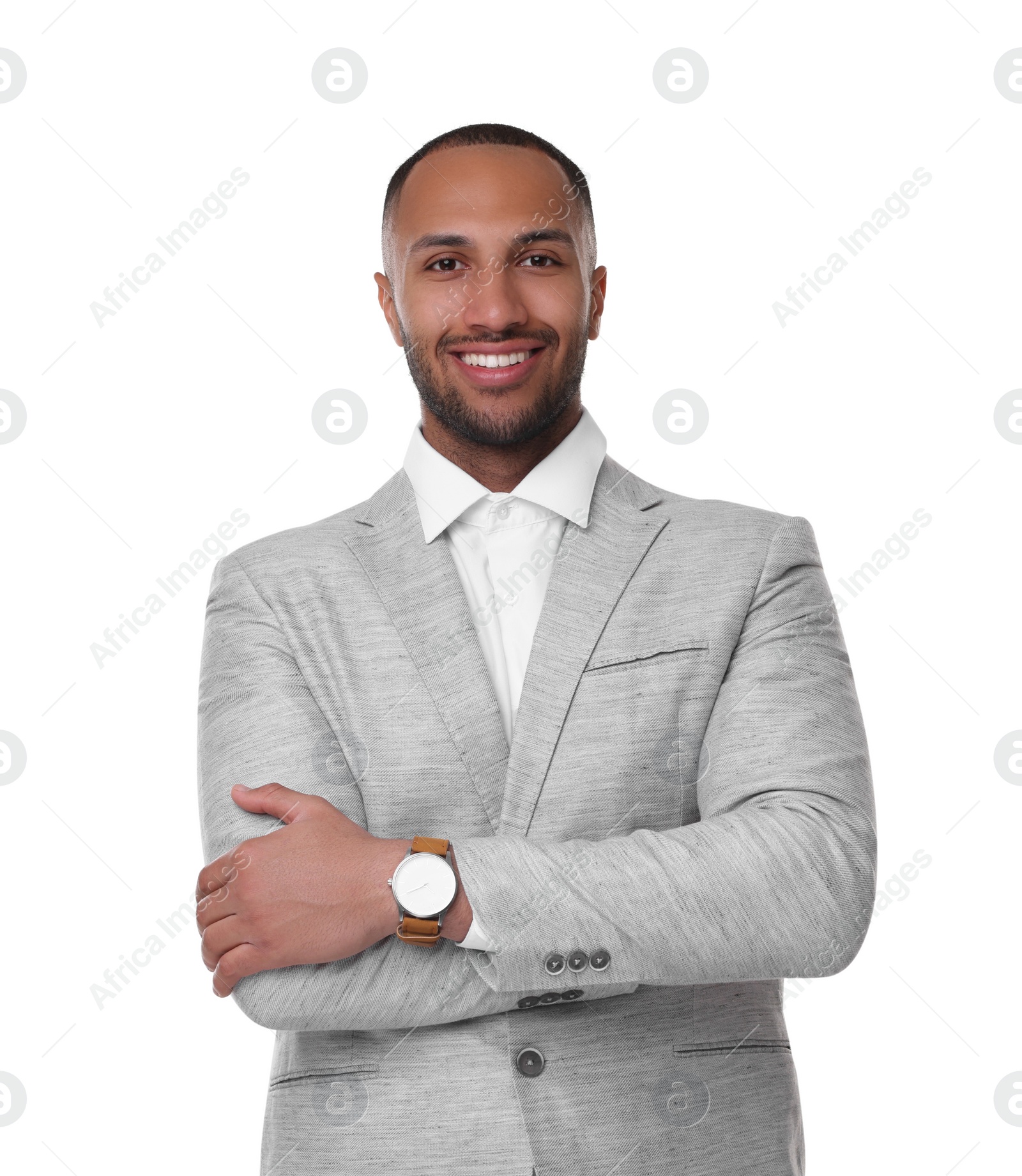 Photo of Portrait of happy man with crossed arms on white background. Lawyer, businessman, accountant or manager