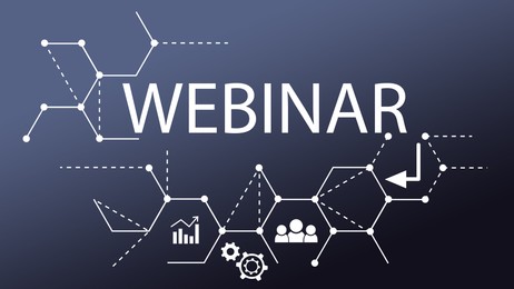 Illustration of Web page of online webinar. Different icons on dark blue background