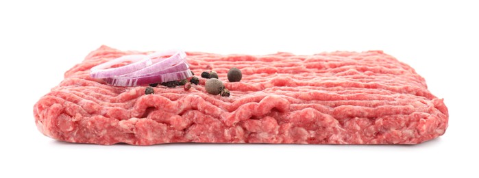 Photo of Raw ground meat, onion and peppercorns isolated on white