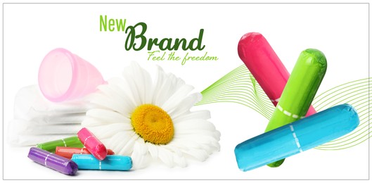 Image of Tampons, pads, menstrual cup and chamomile flower on white background, banner design. Mockup for your brand 