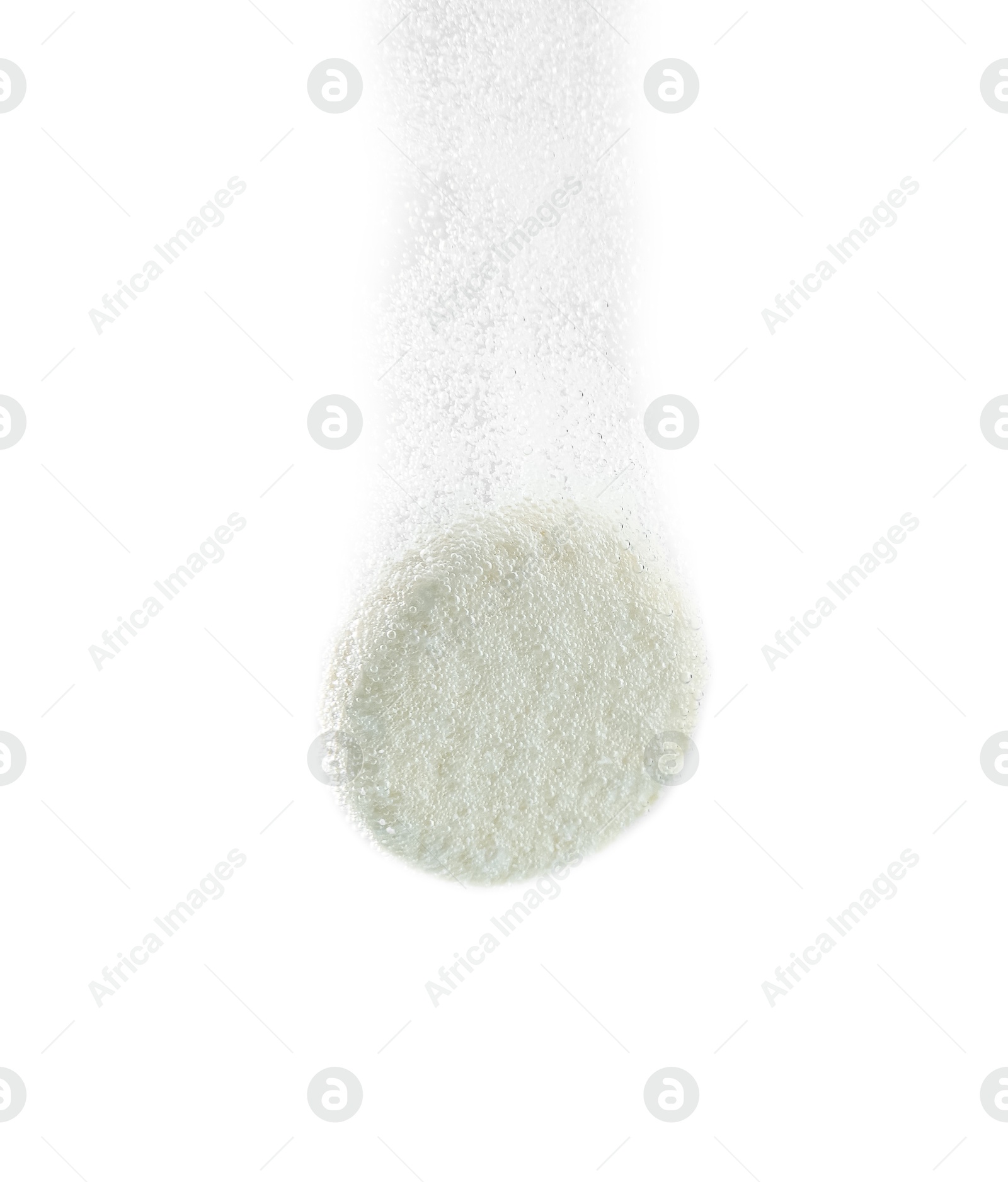 Photo of Effervescent pill dissolving in water on light background, closeup
