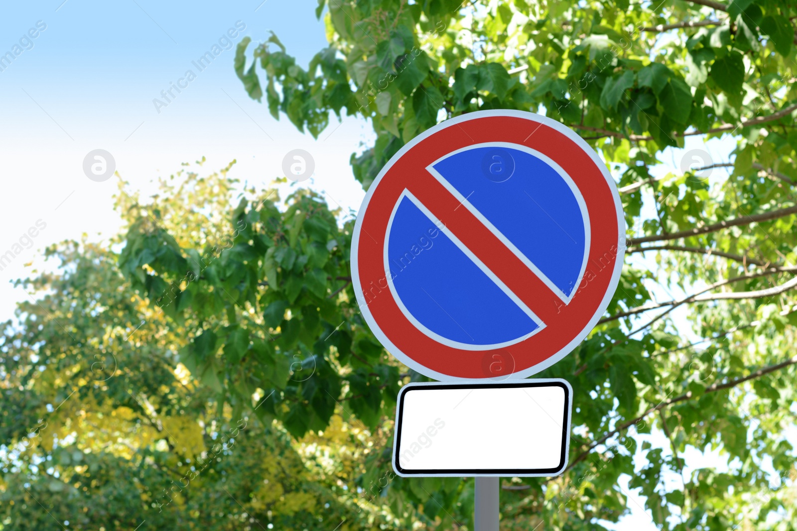 Photo of No parking road sign on city street, space for text. Traffic rules