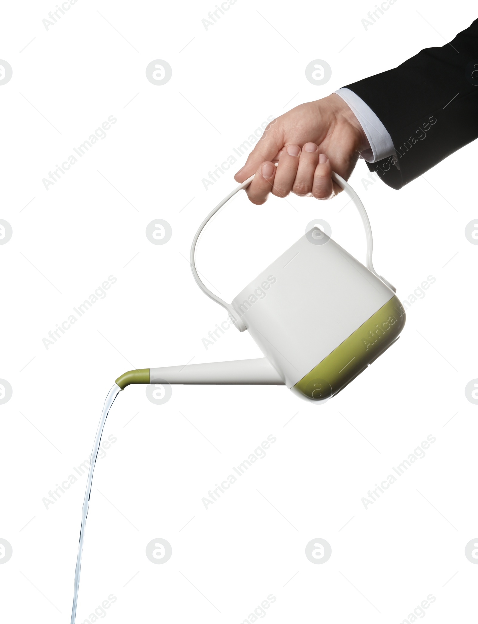 Photo of Businessman pouring water from can on white background, closeup