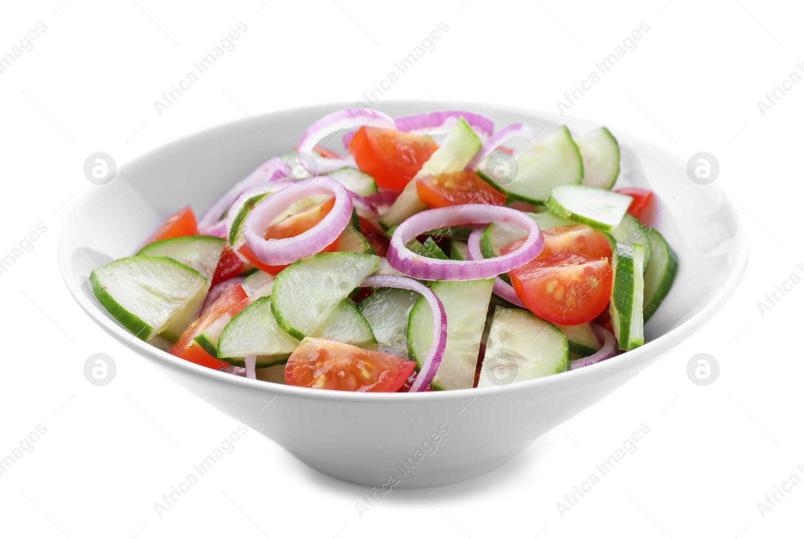 Photo of Fresh tasty salad with cucumber in bowl on white background