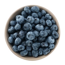 Photo of Ceramic bowl with blueberries isolated on white, top view. Cooking utensil