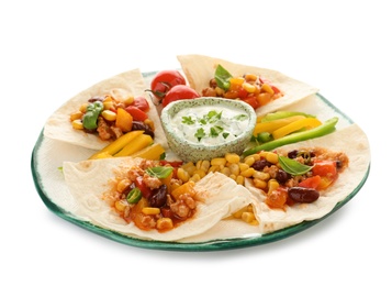 Photo of Plate of tortillas with chili con carne on white background
