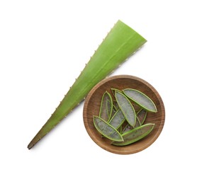 Bowl with cut aloe vera isolated on white, top view