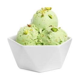Photo of Bowl of delicious pistachio ice cream on white background