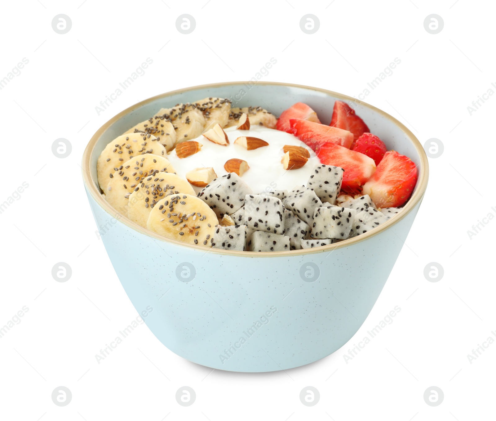 Photo of Bowl of granola with pitahaya, banana, strawberries and yogurt isolated on white