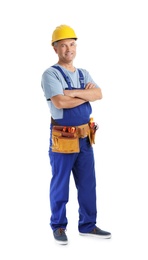 Electrician with tools wearing uniform on white background