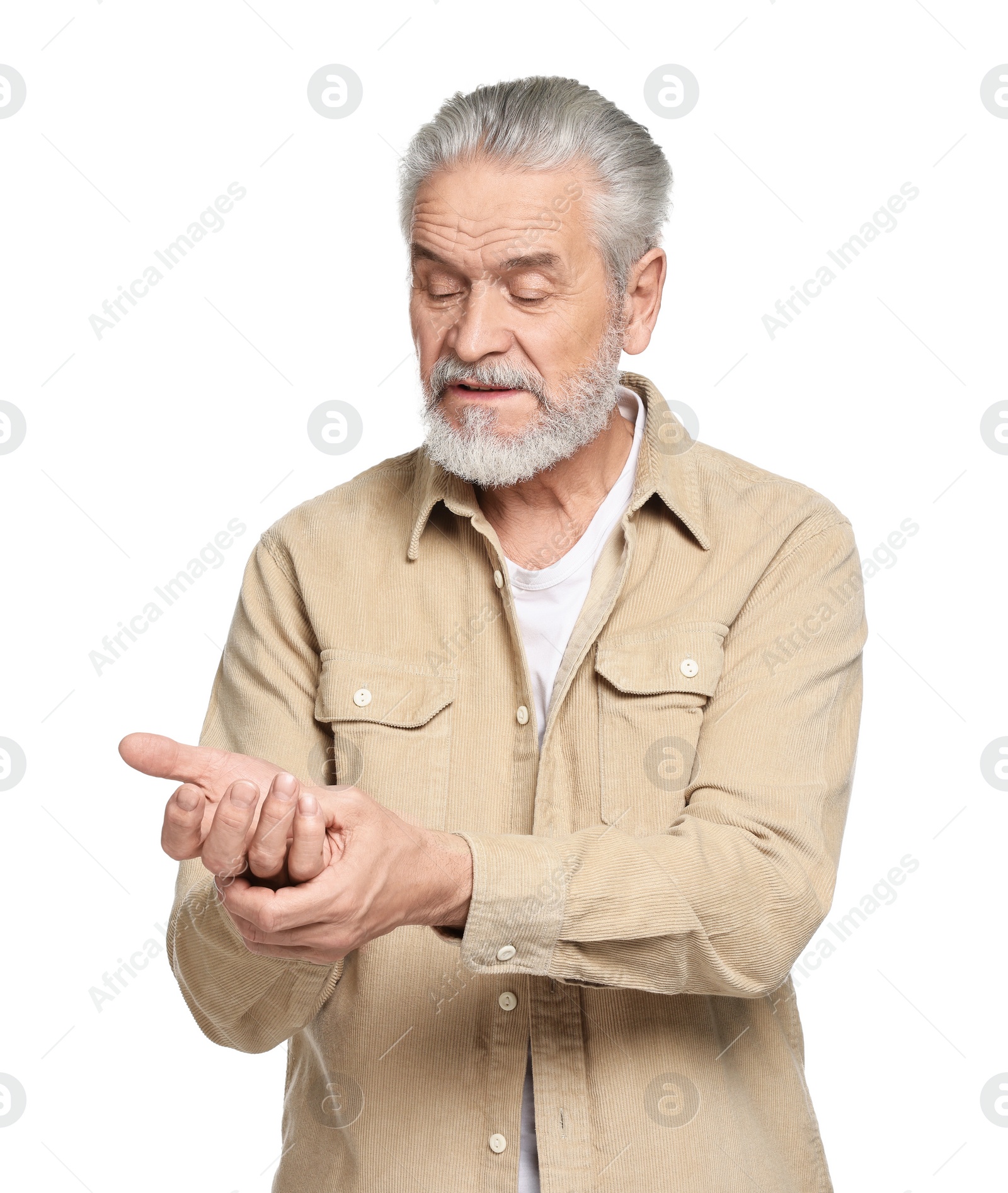 Photo of Arthritis symptoms. Man suffering from pain in wrist on white background