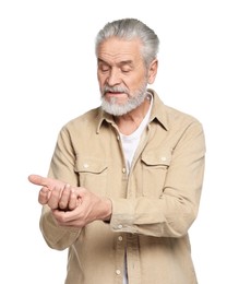 Photo of Arthritis symptoms. Man suffering from pain in wrist on white background