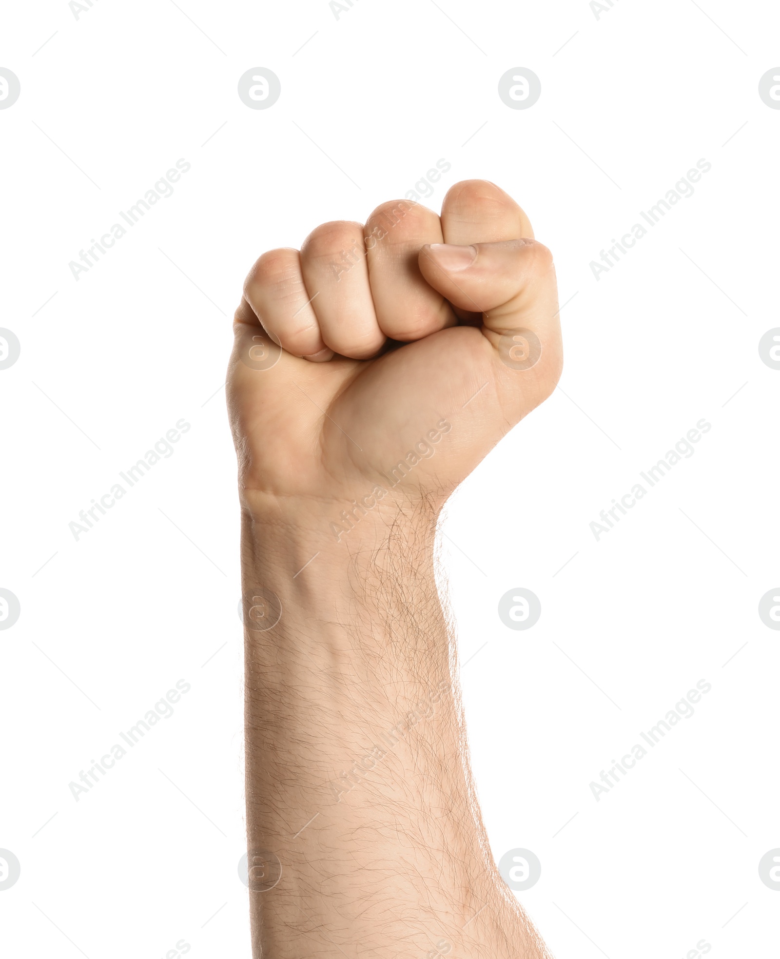 Photo of Young man showing clenched fist on white background
